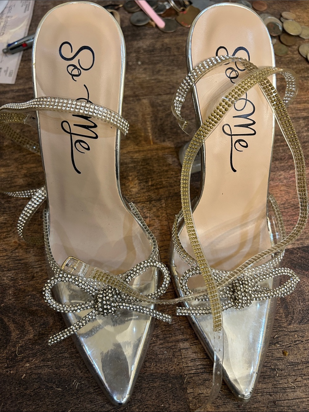 So Me Silver Pointed Toe Rhinestone Bow Slingback Heels